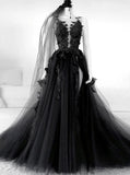 Tulle Round Black Long Prom Dresses, Appliqued Backless Evening Dress MP149