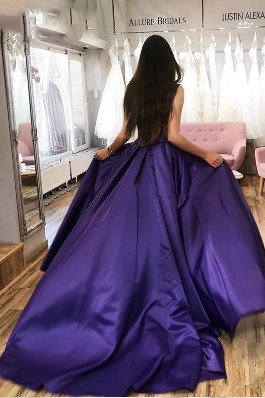 Straps purple strapless long prom dresses simple split evening dress mg252