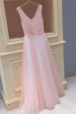 Tulle V Neck Sleeveless Pink Long Prom Dresses With Appliques MP150