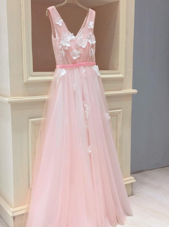 Tulle V Neck Sleeveless Pink Long Prom Dresses With Appliques MP150
