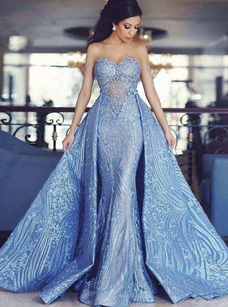 Detachable Train Mermaid Formal Evening Dresses Blue Appliques Prom Gowns MP195