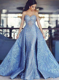 Detachable Train Mermaid Formal Evening Dresses Blue Appliques Prom Gowns MP195