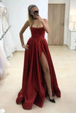 A-line burgundy long prom dresses, satin evening dress with split mg20