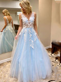 Light sky blue long prom dresses, tulle v-neck graduation dresses with lace appliques mg23