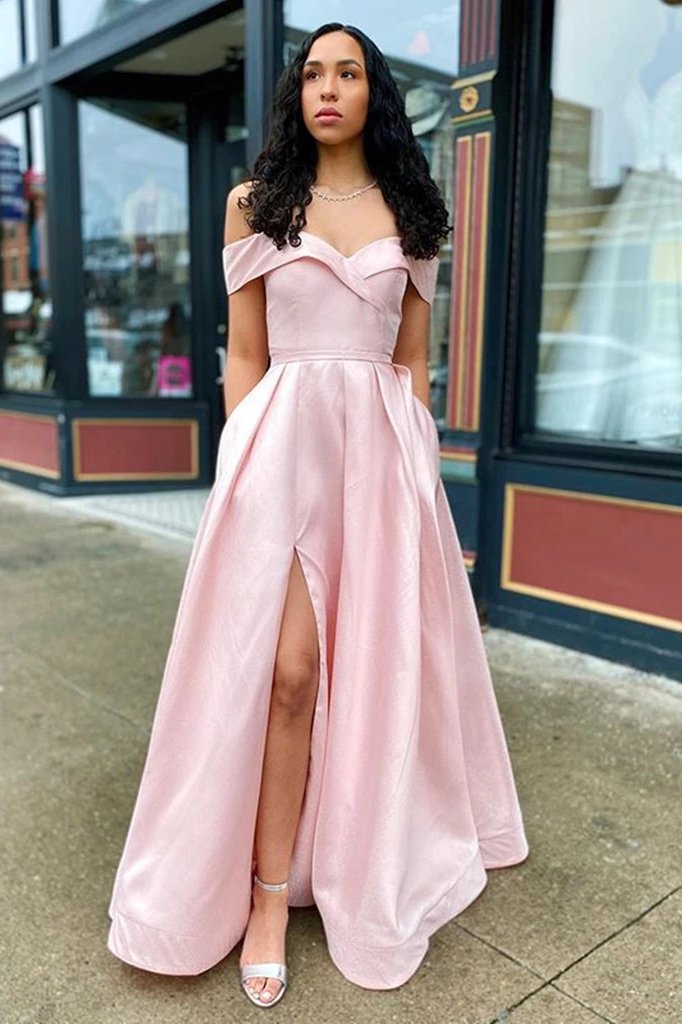 Off shoulder long prom dresses, simple evening dresses with pockets mg197