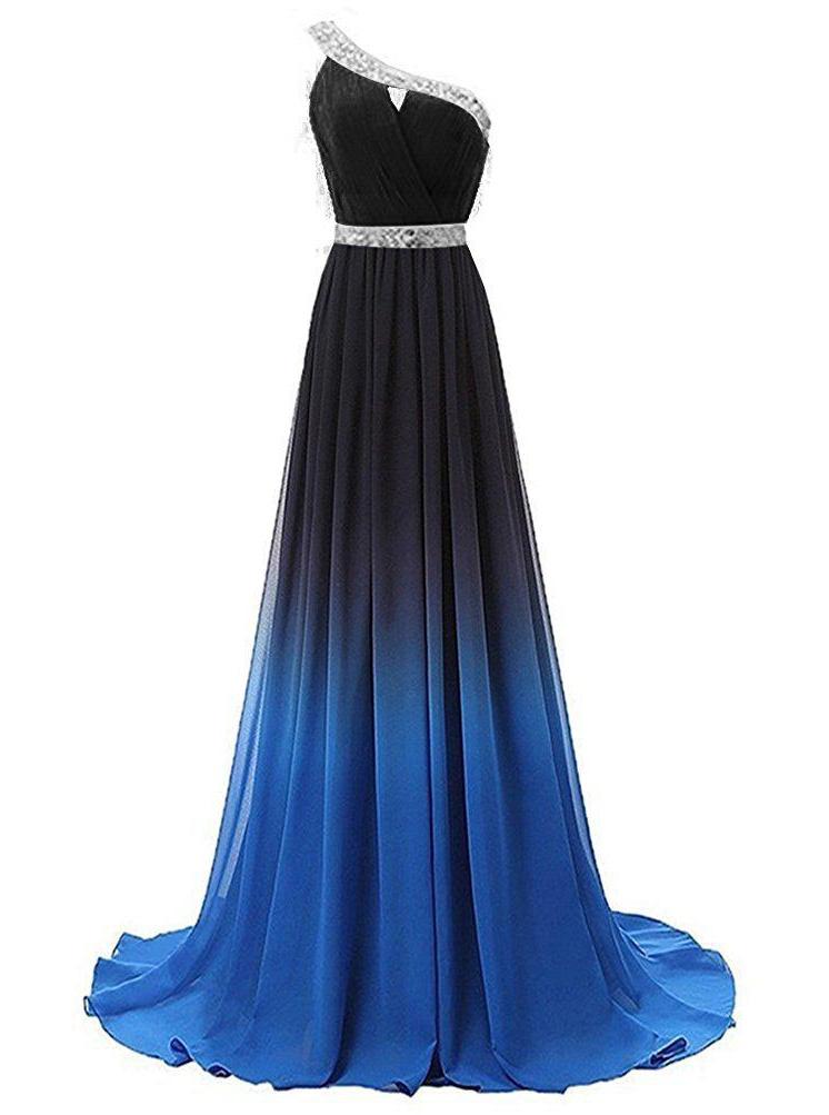 One Shoulder Chiffon Ombre Prom Dresses Beaded Gradient Formal Party Gowns MP120
