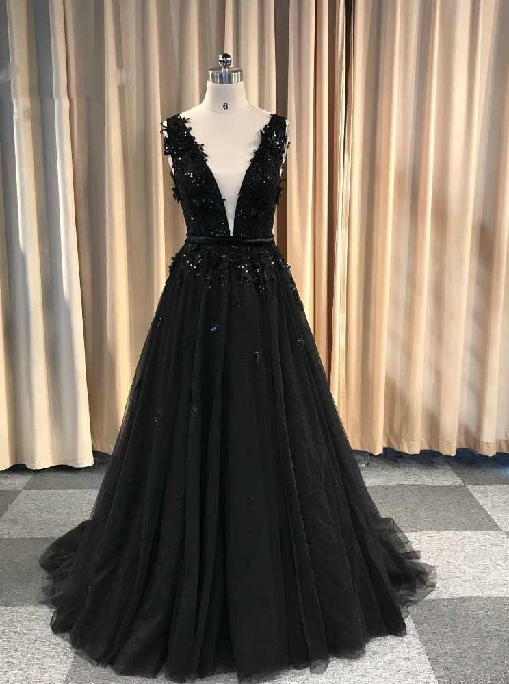 A-line Lace Appliques Black V-neck Long Prom Dresses, Charm Sleeveless Evening Dress MP60