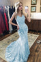 Spaghetti Mermaid Lace Prom Dresses, Sky Blue Lace Formal Evening Dresses MG13