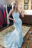 Spaghetti mermaid lace prom dresses, sky blue lace formal evening dresses mg13