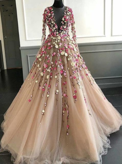 Pretty illusion long sleeves 3d flower tulle prom gowns formal dress mg101