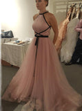 A-line Halter Tulle Long Prom Evening Dress With Black Ribbon MP152