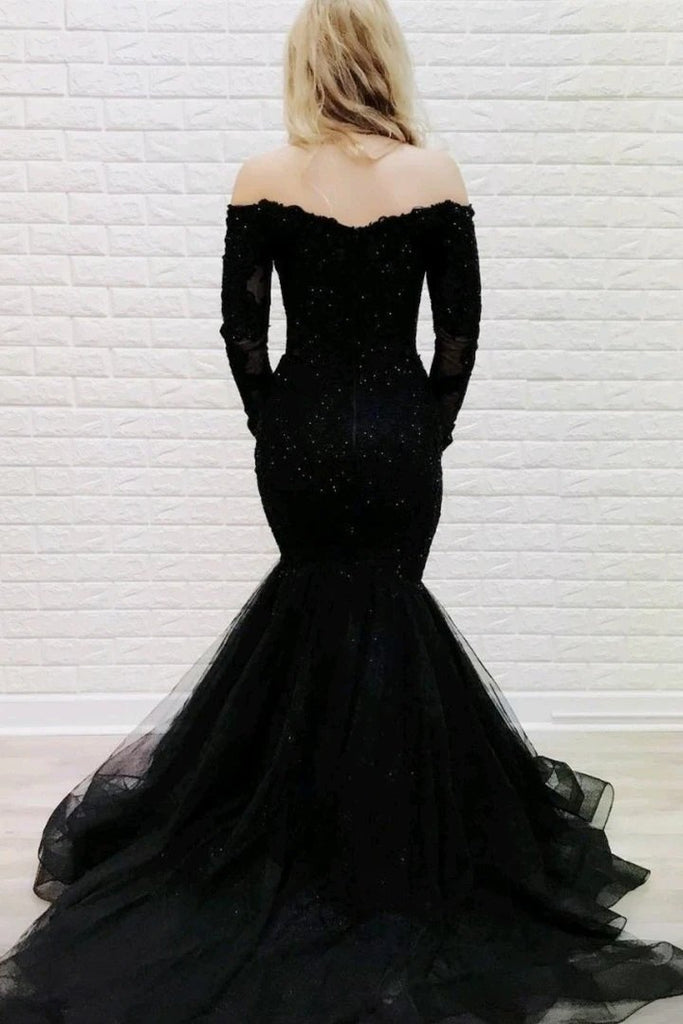 Off-the-shoulder Lace Long Sleeves Black Mermaid Prom Evening Dresses MP50