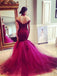 Off the shoulder mermaid tulle evening dress burgundy prom gown mg104