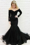Off-the-shoulder Lace Long Sleeves Black Mermaid Prom Evening Dresses MP50