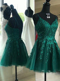 A-line V-neck Emerald Green Backless Short Prom Dresses Homecoming Dresses PW11