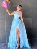 Strapless long prom dresses ice blue handmade flowers tulle evening dress mg17