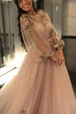 Elegant pearl pink long sleeves prom dresses with appliques beaded mg262