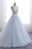 Light Sky Blue Backless Prom Dresses, V Neck Appliques Ball Gown MP57