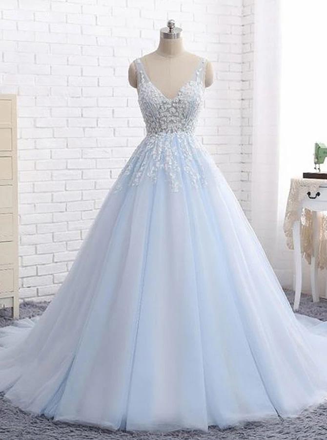 Light Sky Blue Backless Prom Dresses, V Neck Appliques Ball Gown MP57