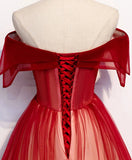 Off-Shoulder Tulle Red Long Prom Dresses, Lace Up Princess Party Gown MP61