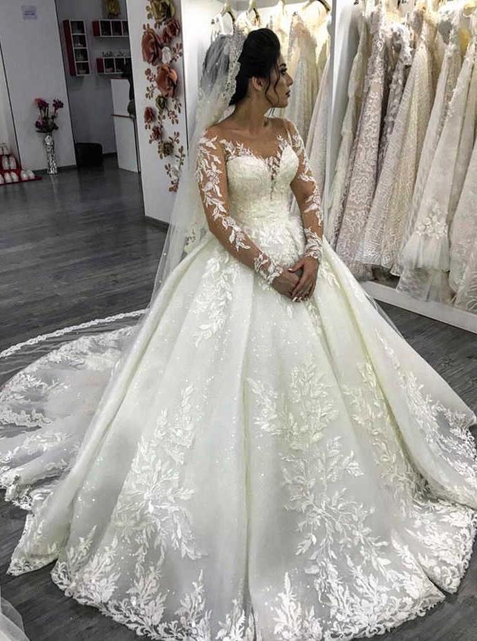 Luxury Lace Long Sleeves Wedding Dresses Ball Gown With Beaded Appliques PW18
