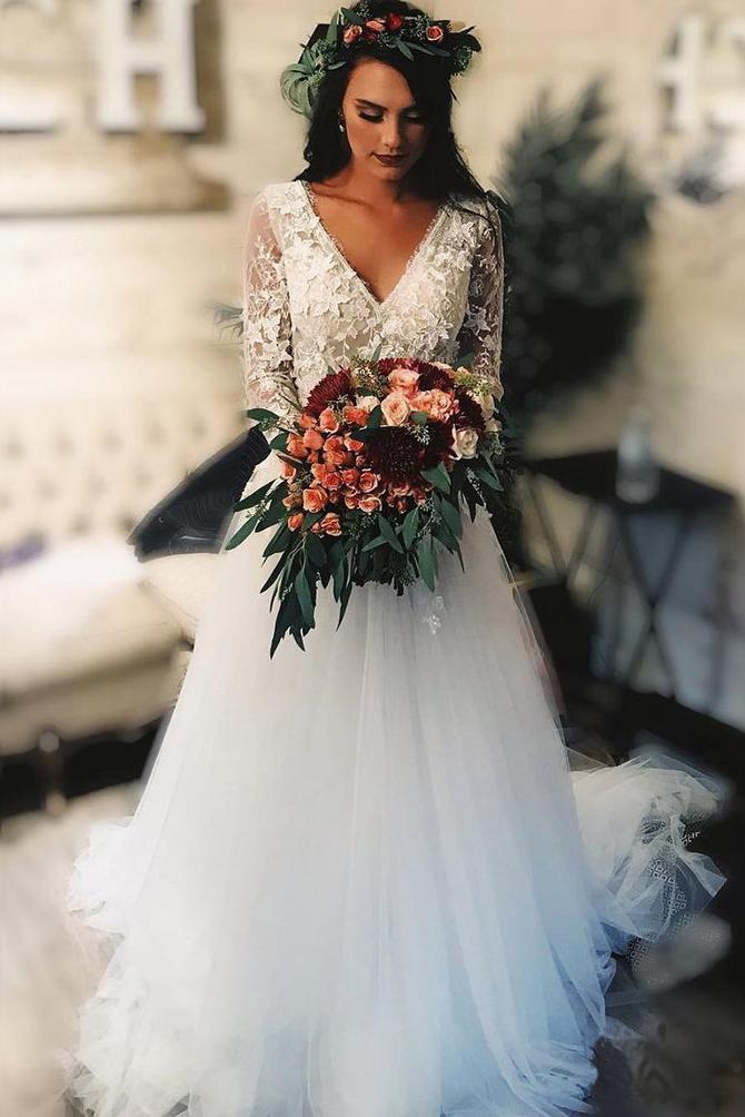 Rustic Wedding Dresses Long Sleeve Lace Tulle Boho Bridal Dress PW100