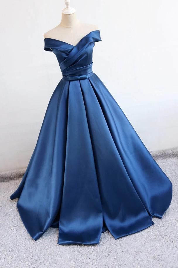Off Shoulder Satin Blue Long Prom Dresses, Long Evening Dress MP145