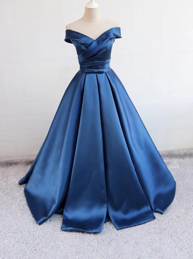 Off Shoulder Satin Blue Long Prom Dresses, Long Evening Dress MP145
