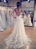 A Line Backless Wedding Dresses, Spaghetti Straps Lace Appliques Bridal Dresses PW20