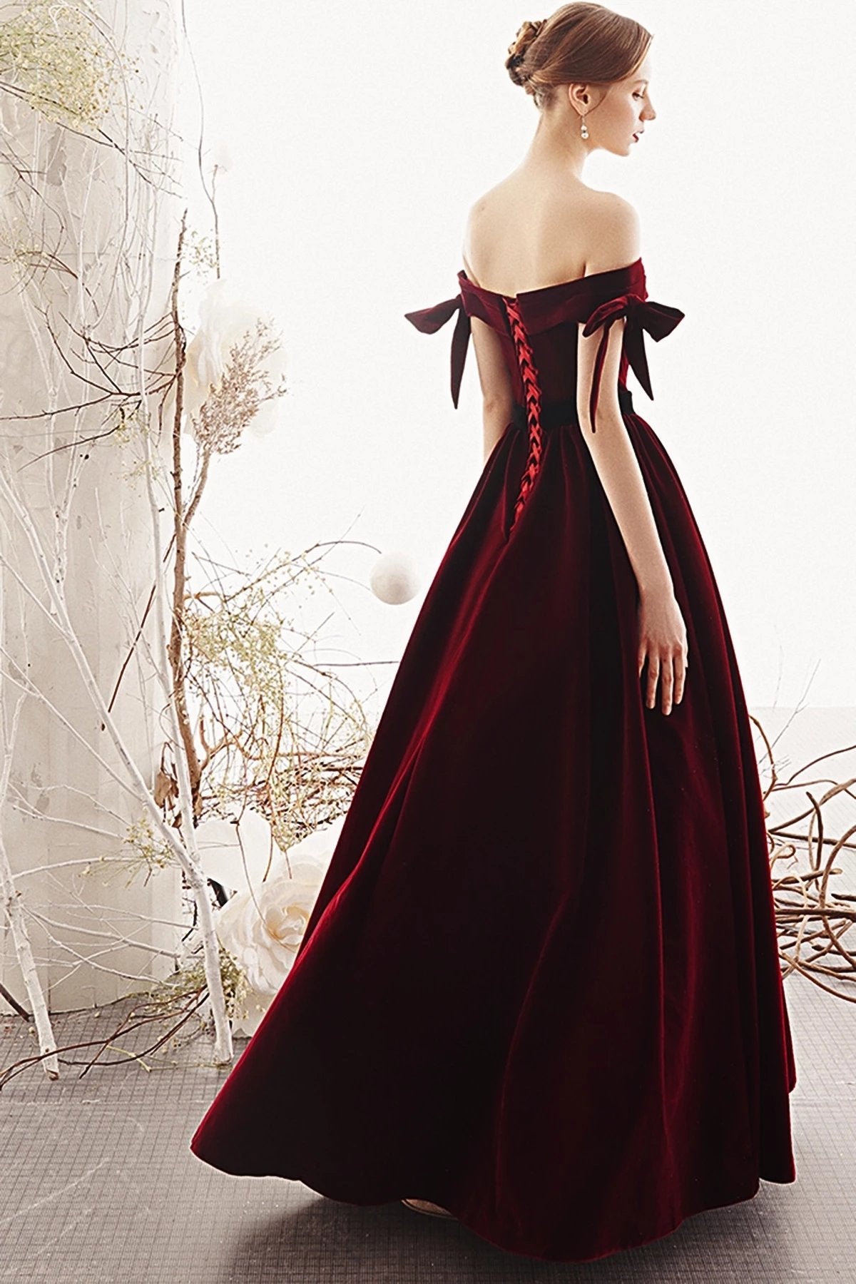 A-line Burgundy Velvet Long Prom Dresses, Elegant Off The Shoulder Evening Dress MP59