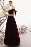 A-line Burgundy Velvet Long Prom Dresses, Elegant Off The Shoulder Evening Dress MP59