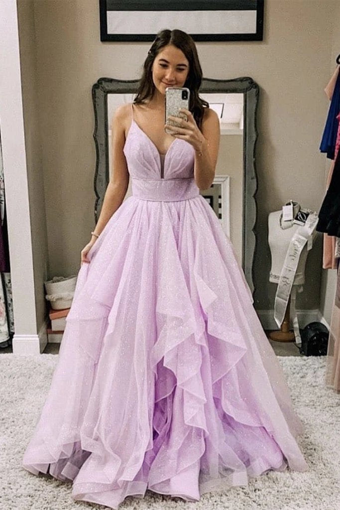 Tulle sparkly long prom dress, spaghetti long party dress mg177