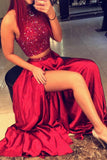 Two Piece Burgundy Prom Dresses High Neck Beading Evening Dress With Slit GP27
