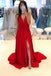 a line v neck red simple long prom dress red satin evening gown with slit