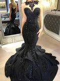 Trumpet/Mermaid Black Long Prom Dresses, Appliqued Beaded Evening Dress MP115