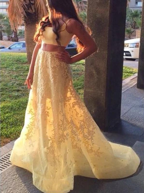A-line Square Sleeveless Appliqued Two Piece Yellow Prom Dresses MP161