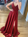 A line v neck burgundy long prom dresses, satin formal evening dresses mg189