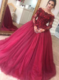 Off-Shoulder Ball Gown Burgundy Long Sleeves Appliques Tulle Prom Dresses MP94