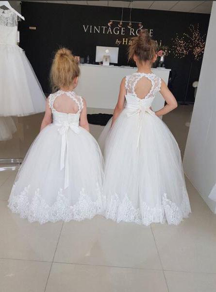 Princess Ivory Scoop Neckline Open Back Flower Girl Dresses With Lace PF142 