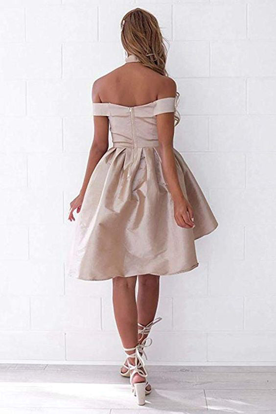 a line off the shoulder satin asymmetry hi lo prom dress with pleats