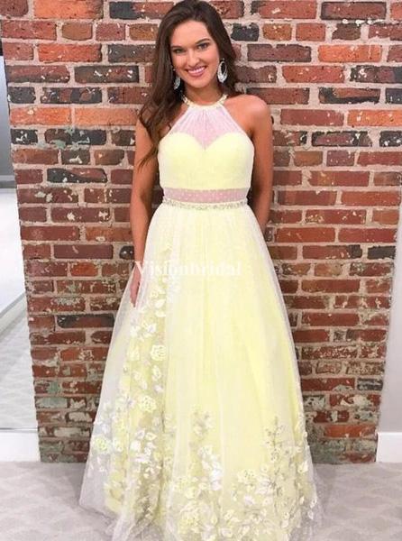 A-Line Halter Yellow Long Prom Dress With Appliques Beading MP103
