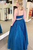 Sparkle tulle appliques two piece royal blue prom formal dresses mg109