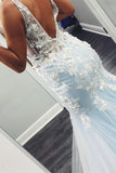 Sky blue mermaid v neck prom dresses with lace appliques mg185