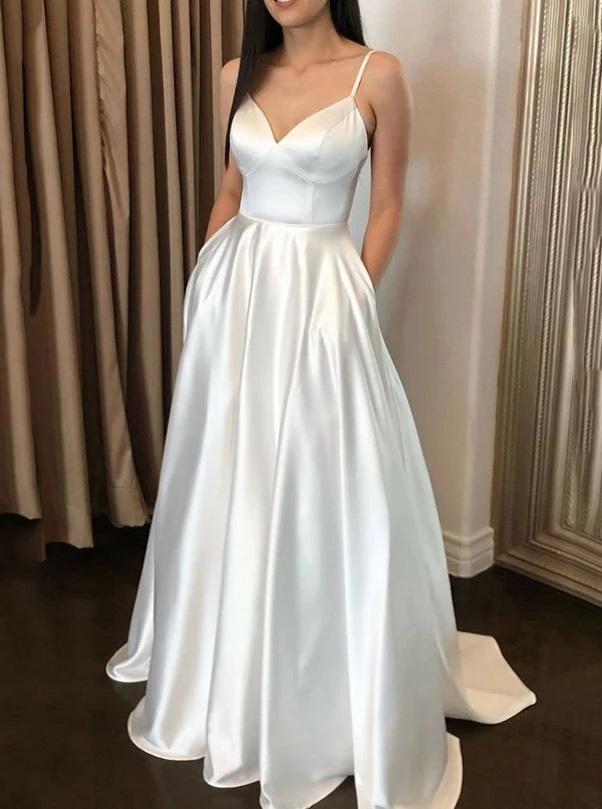 Simple Satin A-line Ivory Spaghetti Straps Long Prom Dresses With Pockets MP68
