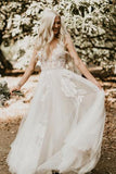 A Line V-neck See Through Tulle Wedding Gowns Boho Bridal Gown PW19