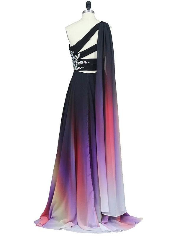 Gradient Long Prom Dresses One Shoulder Ombre Chiffon Evening Dress MP119