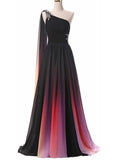 Gradient Long Prom Dresses One Shoulder Ombre Chiffon Evening Dress MP119