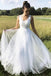 white a line v neck tulle elegant wedding dress with lace top