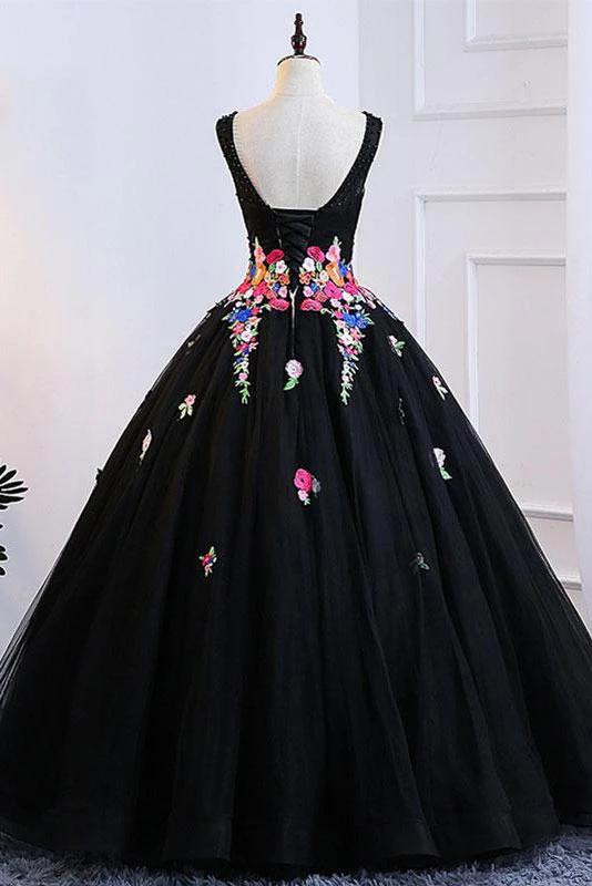 Tulle Appliqued Black Long Prom Dress, Ball Gown Formal Dress MP142