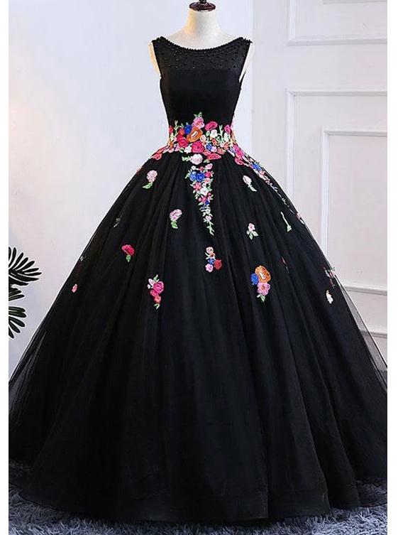 Tulle Appliqued Black Long Prom Dress, Ball Gown Formal Dress MP142